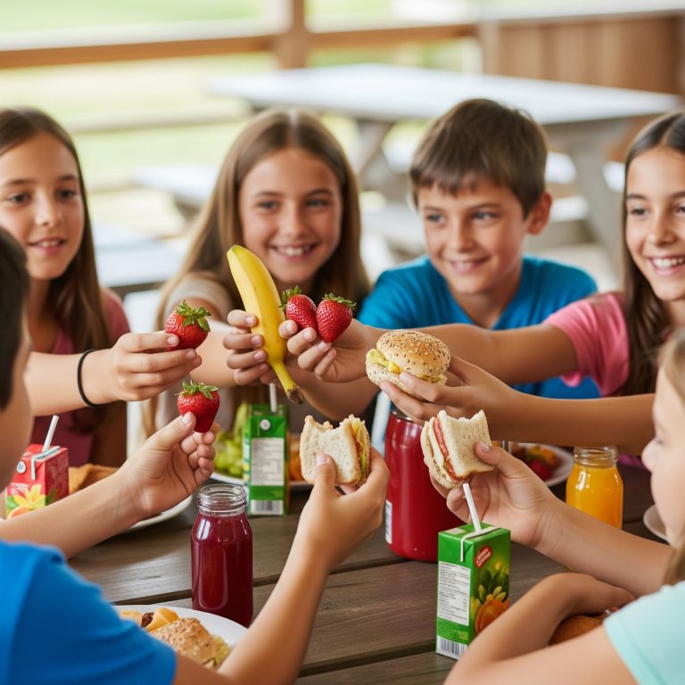 Grupo de niños felices comiendo desayuno o almuerzo saludable en el campamento de Semana Santa